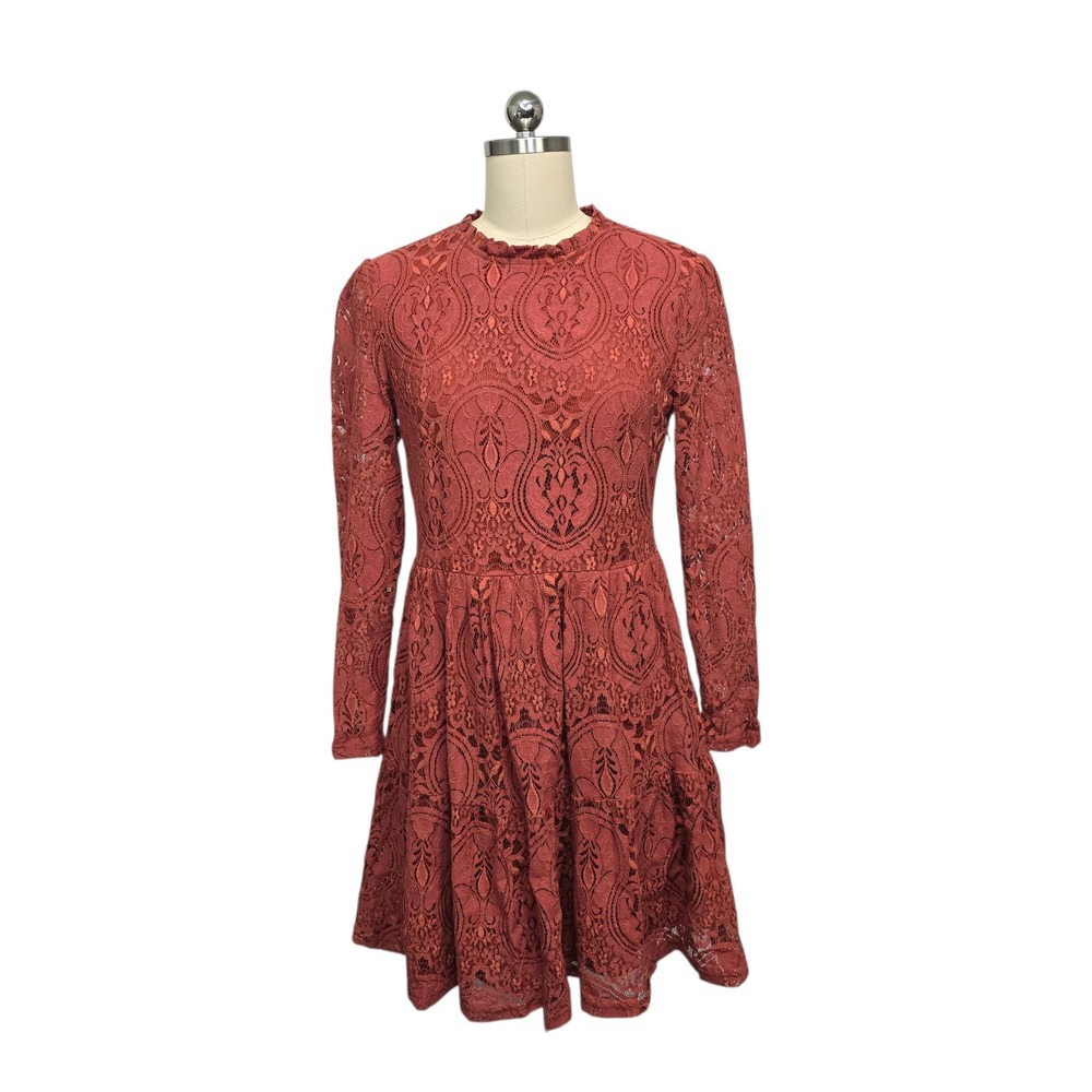 Molly Bracken Lace Mock Neck Fit Flare Dress Red Orange Size Medium